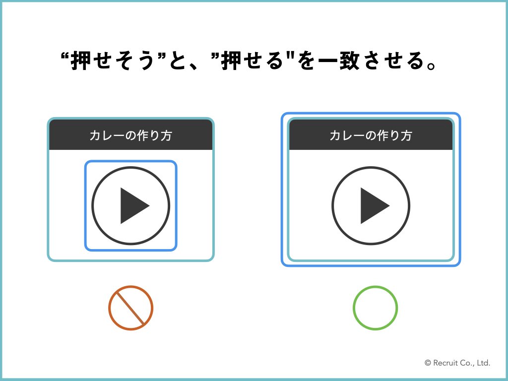 「押せそうと、押せるを一致させる。」の図版。コンポーネントの一部だけ押せる図と、コンポーンネントの全体が押せるようになっている図の比較