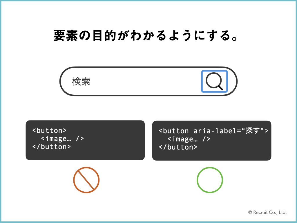 「要素の目的がわかるようにする。」の図版。コードでaria-labelが指定されているものと、指定されていないものが並んでいる図