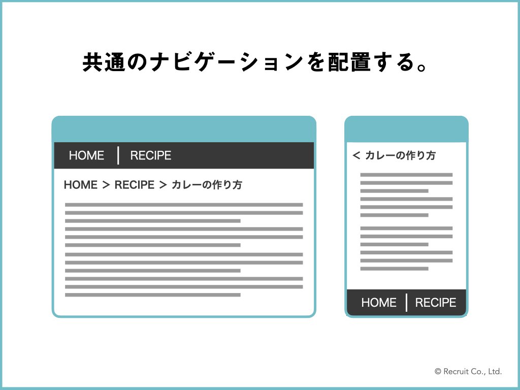 「共通のナビゲーションを配置する。」の図版。パソコンとスマートフォンで統一されたナビゲーションが配置されているイメージ図