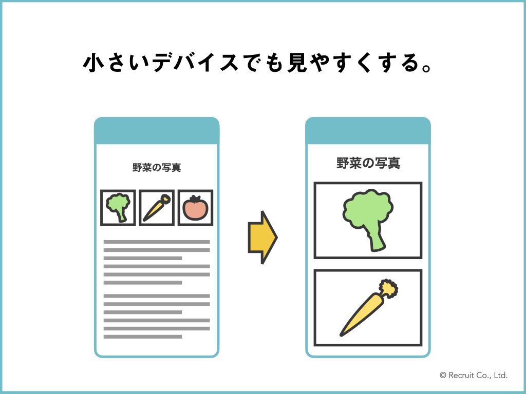 「小さいデバイスでも見やすくする。」の図版。スマートフォン上で画像が縮小されて見づらくなってしまっているイメージと、最適化されて画像が大きく表示されているイメージ図