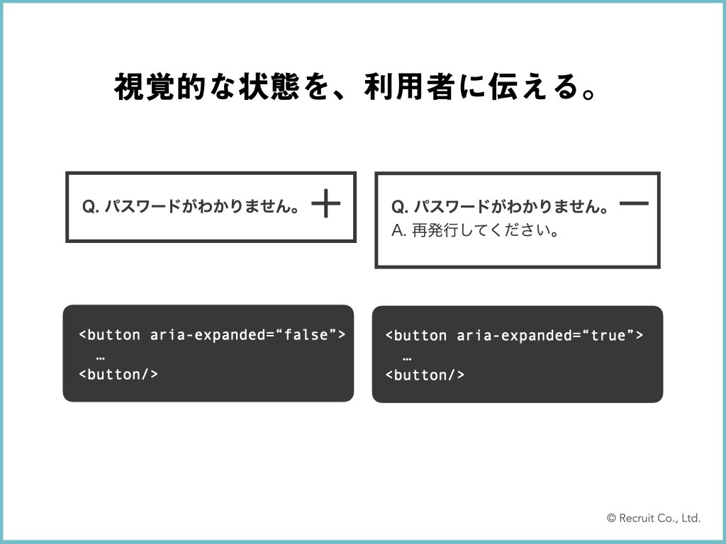 「視覚的な状態を、利用者に伝える。」の図版。コードでaria-expandedが指定されているイメージ図